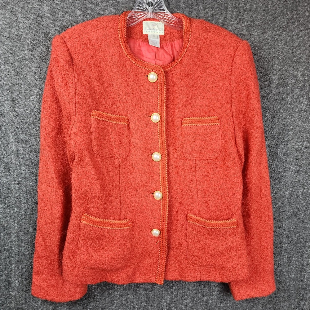 Susan Bristol Blazer Women 10 Coral Wool Blend Boucle Faux Pearl Button Jacket‎